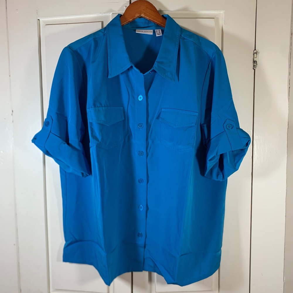 Susan Graver Women 1X Turquoise Blue Roll Tab Button Front Utility Blouse Church